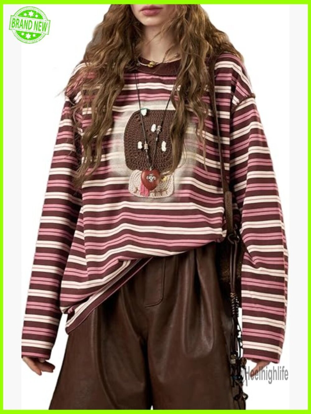 Oversized Striped Long Sleeve Tee Quirky Patch Exposed Seam Weirdcore Grunge Top